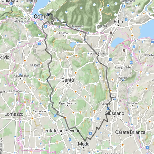 Zemljevid v pomanjšavi "Panoramska cesta okoli Brunate" kolesarske inspiracije v Lombardia, Italy. Generirano z načrtovalcem kolesarskih poti Tarmacs.app