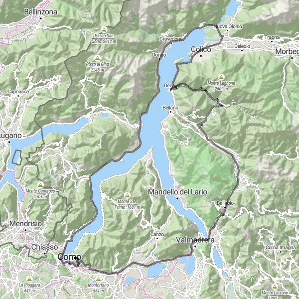 Kartminiatyr av "Bratte fjell og naturskjønne innsjøer" sykkelinspirasjon i Lombardia, Italy. Generert av Tarmacs.app sykkelrutoplanlegger