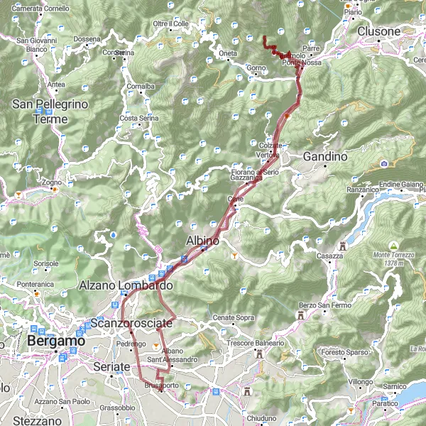 Miniatura della mappa di ispirazione al ciclismo "Avventura Gravel tra Montagne e Borghi" nella regione di Lombardia, Italy. Generata da Tarmacs.app, pianificatore di rotte ciclistiche