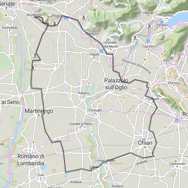 Mapa miniatúra "Cestná kruhová cyklotrasa okolo Lombardie" cyklistická inšpirácia v Lombardia, Italy. Vygenerované cyklistickým plánovačom trás Tarmacs.app