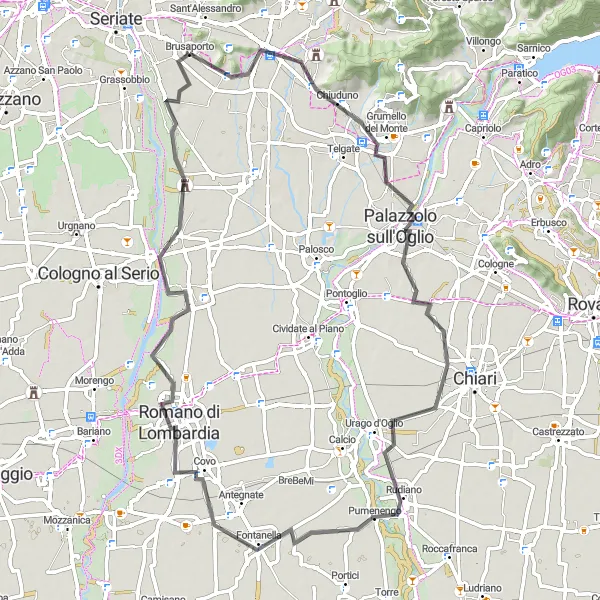 Miniatura della mappa di ispirazione al ciclismo "Cicloturismo tra Brusaporto e Castello Rivola" nella regione di Lombardia, Italy. Generata da Tarmacs.app, pianificatore di rotte ciclistiche