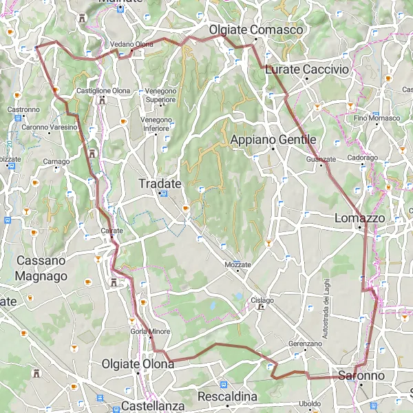 Miniatura della mappa di ispirazione al ciclismo "Giro in bicicletta da Buguggiate a Morazzone" nella regione di Lombardia, Italy. Generata da Tarmacs.app, pianificatore di rotte ciclistiche