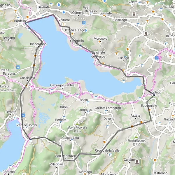 Miniatua del mapa de inspiración ciclista "Recorrido escénico por Buguggiate y Morosolo" en Lombardia, Italy. Generado por Tarmacs.app planificador de rutas ciclistas