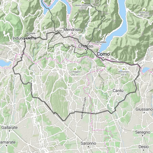 Miniatura della mappa di ispirazione al ciclismo "Giro in bicicletta da Buguggiate a Morazzone" nella regione di Lombardia, Italy. Generata da Tarmacs.app, pianificatore di rotte ciclistiche