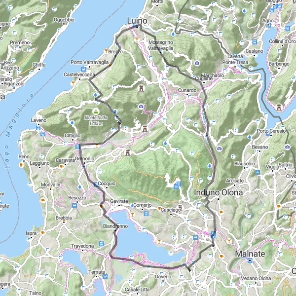 Miniaturní mapa "Road kolem jezera Varese do Luina" inspirace pro cyklisty v oblasti Lombardia, Italy. Vytvořeno pomocí plánovače tras Tarmacs.app