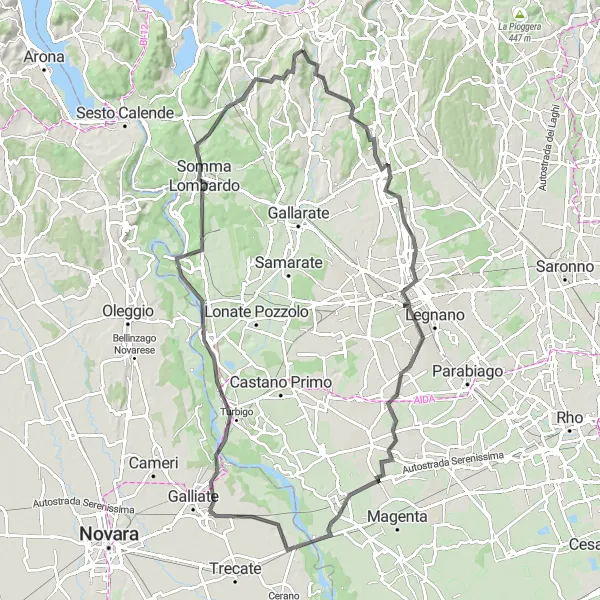 Miniatura della mappa di ispirazione al ciclismo "Giro in bici da Buguggiate - Monte Marello" nella regione di Lombardia, Italy. Generata da Tarmacs.app, pianificatore di rotte ciclistiche