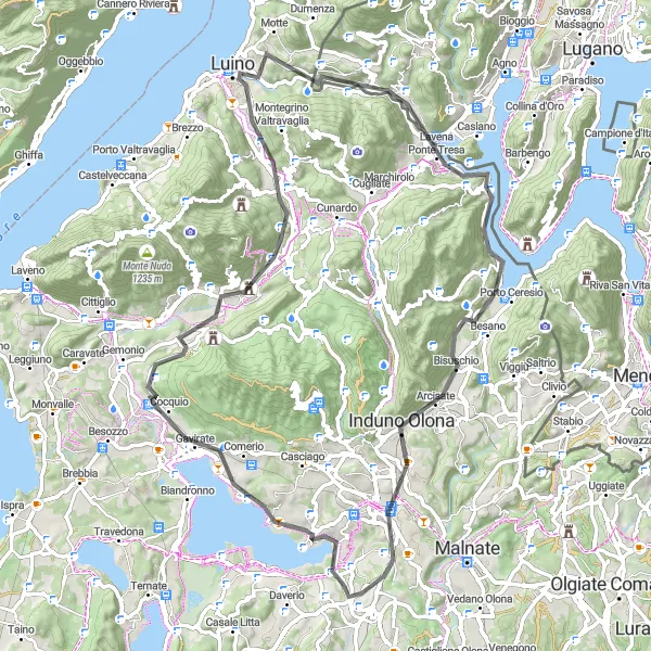 Miniatura della mappa di ispirazione al ciclismo "Giro in bicicletta attraverso Buguggiate" nella regione di Lombardia, Italy. Generata da Tarmacs.app, pianificatore di rotte ciclistiche