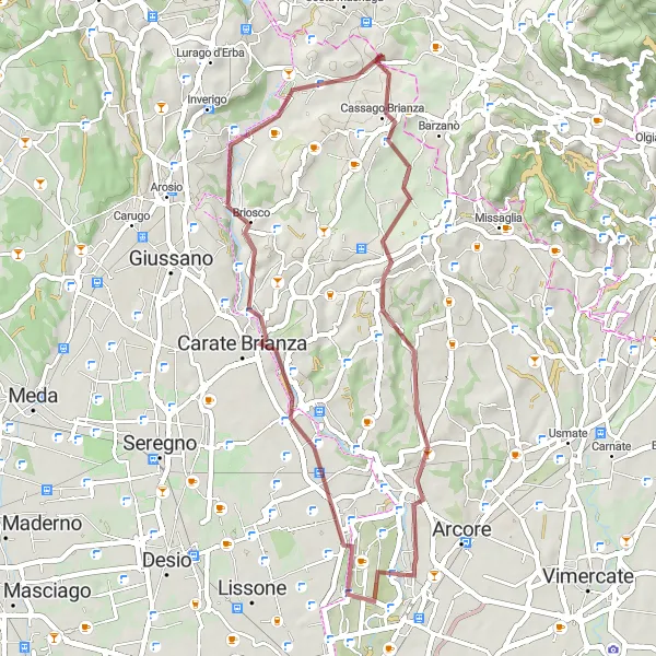 Kartminiatyr av "Korte grusveier rundt Bulciago" sykkelinspirasjon i Lombardia, Italy. Generert av Tarmacs.app sykkelrutoplanlegger