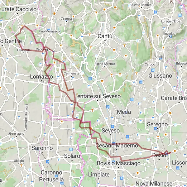 Miniatua del mapa de inspiración ciclista "Ruta de Grava de Bulgarograsso a Guanzate" en Lombardia, Italy. Generado por Tarmacs.app planificador de rutas ciclistas