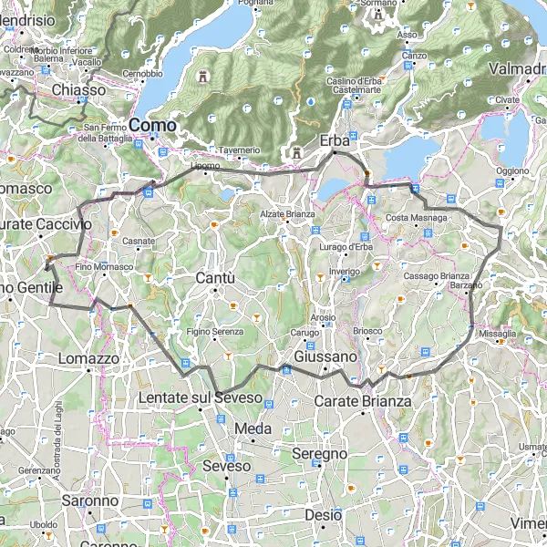 Miniatua del mapa de inspiración ciclista "Ruta de 78 km en carretera desde Bulgarograsso" en Lombardia, Italy. Generado por Tarmacs.app planificador de rutas ciclistas