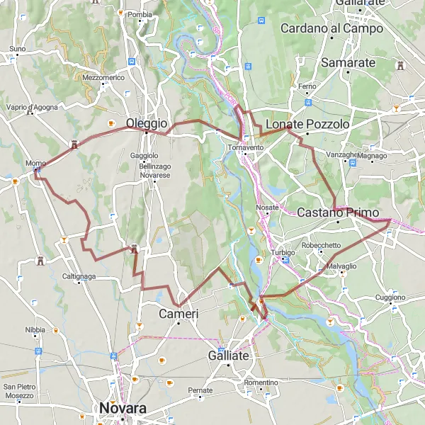 Miniatura della mappa di ispirazione al ciclismo "Il Giro di Malvaglio e Castelletto di Momo" nella regione di Lombardia, Italy. Generata da Tarmacs.app, pianificatore di rotte ciclistiche