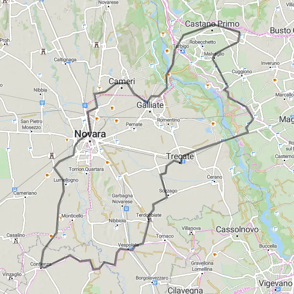 Mapa miniatúra "Cyklistická trasa okolo Buscate" cyklistická inšpirácia v Lombardia, Italy. Vygenerované cyklistickým plánovačom trás Tarmacs.app