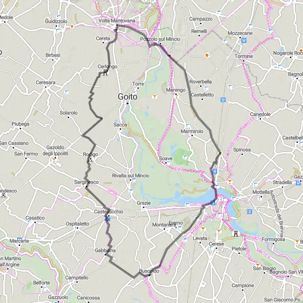 Miniatura della mappa di ispirazione al ciclismo "Giro in bici da Buscoldo a Serraglio" nella regione di Lombardia, Italy. Generata da Tarmacs.app, pianificatore di rotte ciclistiche