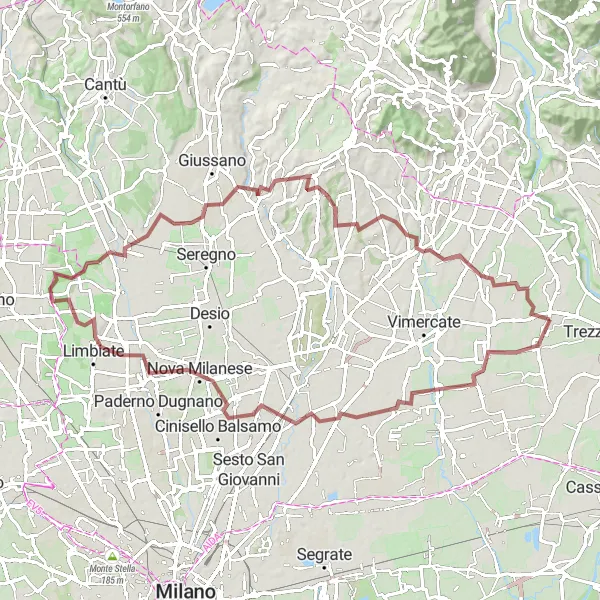 Karttaminiaatyyri "Maaseutu- ja metsäpolkuja: Busnago - Agrate Brianza - Nova Milanese - Belvedere - Meda - Verano Brianza - Sulbiate" pyöräilyinspiraatiosta alueella Lombardia, Italy. Luotu Tarmacs.app pyöräilyreittisuunnittelijalla