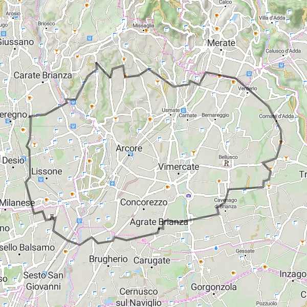 Miniatua del mapa de inspiración ciclista "Ruta de 67 km en carretera desde Busnago a Cornate d'Adda y regreso" en Lombardia, Italy. Generado por Tarmacs.app planificador de rutas ciclistas