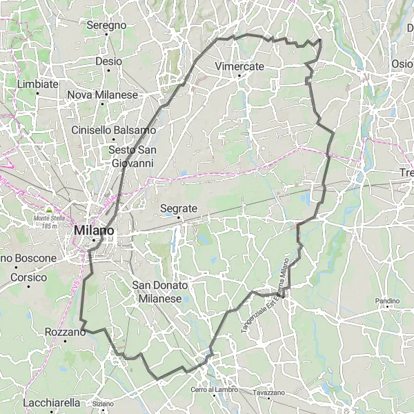 Miniatura della mappa di ispirazione al ciclismo "Giro Basiano - Merlino - Carpiano - Milano - Terrazza Galleria Vittorio Emanuele II - Sesto San Giovanni - Arcore - Sulbiate" nella regione di Lombardia, Italy. Generata da Tarmacs.app, pianificatore di rotte ciclistiche