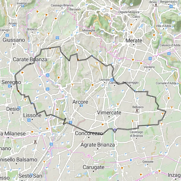 Mapa miniatúra "Cesta cez Collinetta di Vedano a Lomagna" cyklistická inšpirácia v Lombardia, Italy. Vygenerované cyklistickým plánovačom trás Tarmacs.app