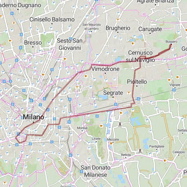 Miniatua del mapa de inspiración ciclista "Exploración Gravera de Pioltello, Fiat G91R y Cernusco sul Naviglio" en Lombardia, Italy. Generado por Tarmacs.app planificador de rutas ciclistas