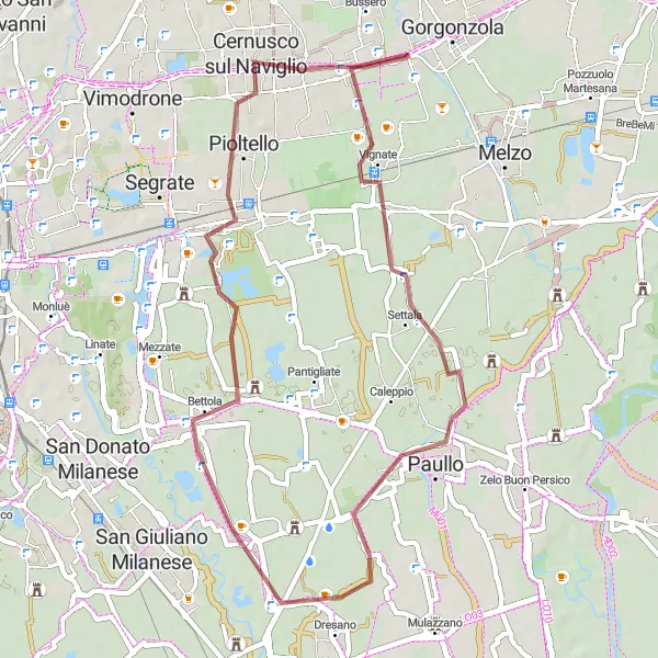 Map miniature of "Settala to Cernusco sul Naviglio Gravel Ride" cycling inspiration in Lombardia, Italy. Generated by Tarmacs.app cycling route planner