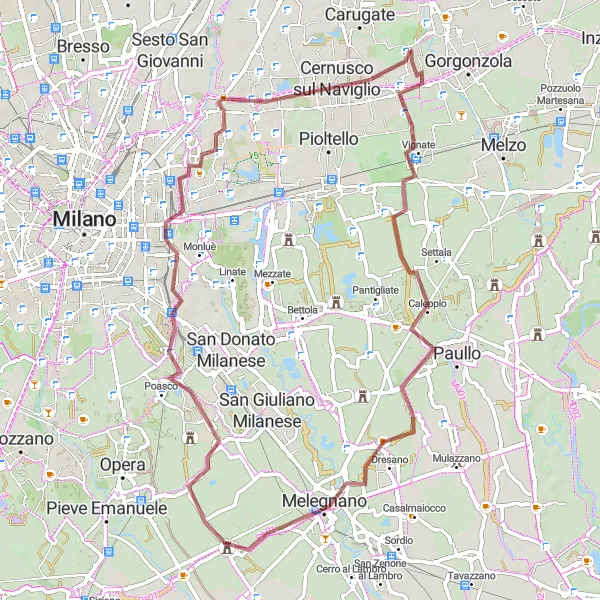 Miniatuurkaart van de fietsinspiratie "Tribiano Grindroute" in Lombardia, Italy. Gemaakt door de Tarmacs.app fietsrouteplanner