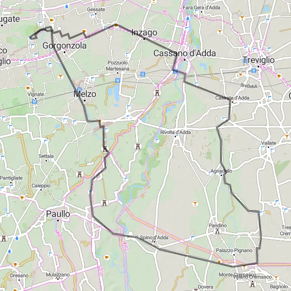 Map miniature of "Cassano d'Adda to Bussero Road Adventure" cycling inspiration in Lombardia, Italy. Generated by Tarmacs.app cycling route planner