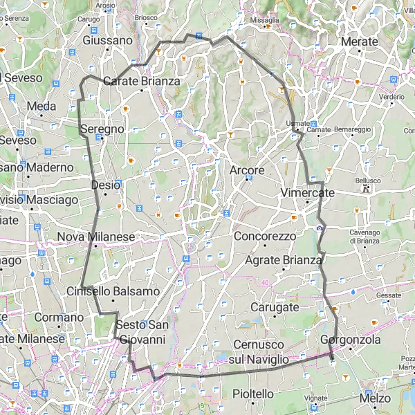 Miniatuurkaart van de fietsinspiratie "Fietsen door Lombardije: van Bussero naar Cassina de' Pecchi en terug" in Lombardia, Italy. Gemaakt door de Tarmacs.app fietsrouteplanner