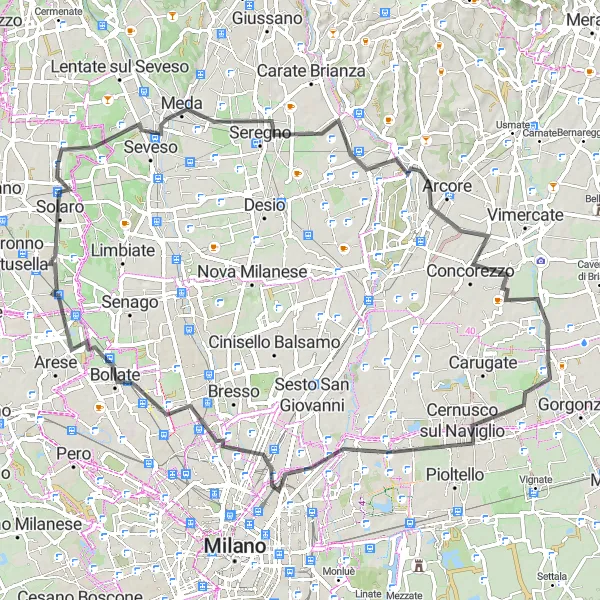 Miniatua del mapa de inspiración ciclista "Recorrido de 83 km en carretera desde Bussero" en Lombardia, Italy. Generado por Tarmacs.app planificador de rutas ciclistas