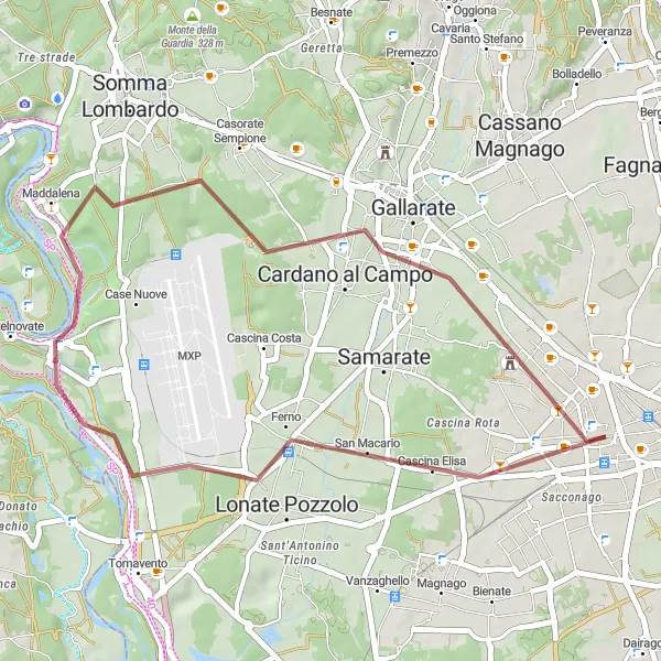 Miniatua del mapa de inspiración ciclista "Ruta de gravel hacia Cascina dei Poveri desde Busto Arsizio" en Lombardia, Italy. Generado por Tarmacs.app planificador de rutas ciclistas