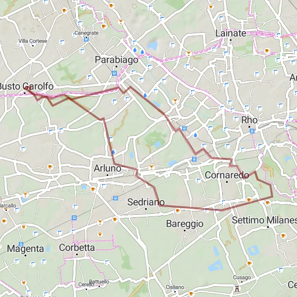 Map miniature of "Exploring Gravel Routes near Busto Garolfo" cycling inspiration in Lombardia, Italy. Generated by Tarmacs.app cycling route planner