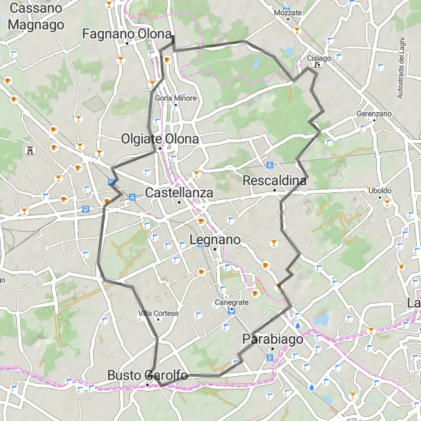 Miniatura della mappa di ispirazione al ciclismo "Road da Busto Garolfo a Parabiago" nella regione di Lombardia, Italy. Generata da Tarmacs.app, pianificatore di rotte ciclistiche