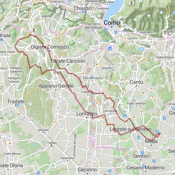 Miniaturní mapa "Gravelová cyklotrasa kolem Cabiate" inspirace pro cyklisty v oblasti Lombardia, Italy. Vytvořeno pomocí plánovače tras Tarmacs.app