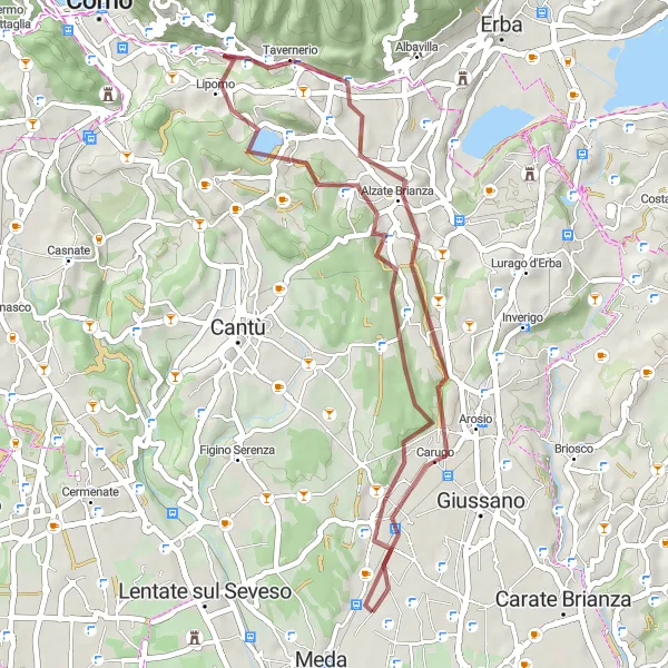 Miniatua del mapa de inspiración ciclista "Ruta de grava a través de Carugo y Montorfano" en Lombardia, Italy. Generado por Tarmacs.app planificador de rutas ciclistas