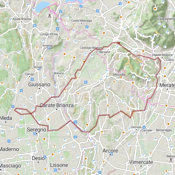 Mapa miniatúra "Gravelový okruh cez Verano Brianza a Seregno" cyklistická inšpirácia v Lombardia, Italy. Vygenerované cyklistickým plánovačom trás Tarmacs.app