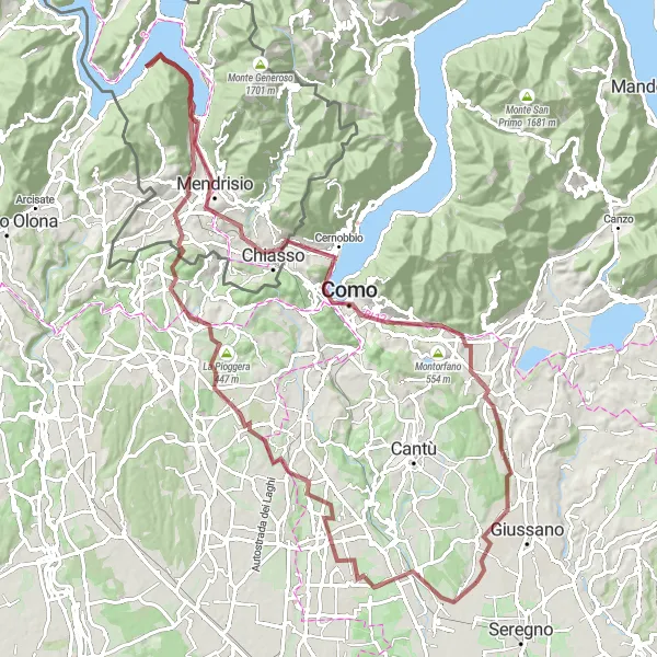 Miniatua del mapa de inspiración ciclista "Ruta de grava a través de Meda, Bregnano y Lago di Lugano" en Lombardia, Italy. Generado por Tarmacs.app planificador de rutas ciclistas