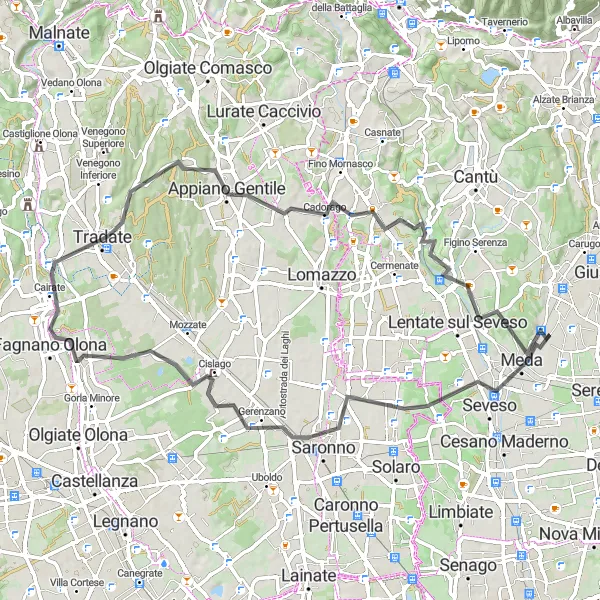 Map miniature of "Seveso and Novedrate Road Loop" cycling inspiration in Lombardia, Italy. Generated by Tarmacs.app cycling route planner