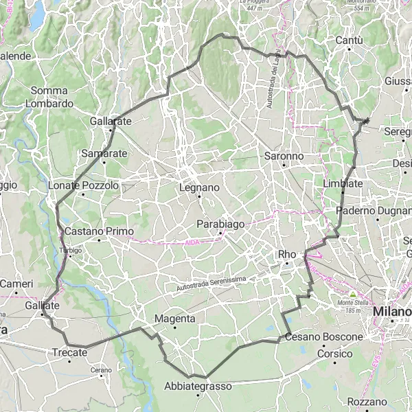 Miniaturekort af cykelinspirationen "Landevejscykelrute til Appiano Gentile og Galliate" i Lombardia, Italy. Genereret af Tarmacs.app cykelruteplanlægger