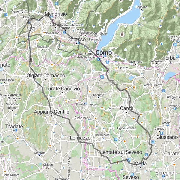 Karttaminiaatyyri "Cabiate - Como Circuit" pyöräilyinspiraatiosta alueella Lombardia, Italy. Luotu Tarmacs.app pyöräilyreittisuunnittelijalla