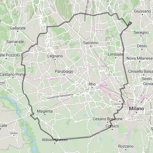 Zemljevid v pomanjšavi "Potovanje v okolici Cabiate (Lombardija, Italija) - Road" kolesarske inspiracije v Lombardia, Italy. Generirano z načrtovalcem kolesarskih poti Tarmacs.app