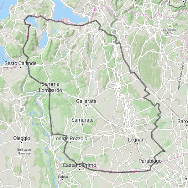 Map miniature of "Monte di Travedona and Castano Primo Loop" cycling inspiration in Lombardia, Italy. Generated by Tarmacs.app cycling route planner