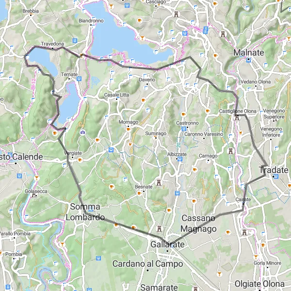 Zemljevid v pomanjšavi "Na vrh Monte di Travedona" kolesarske inspiracije v Lombardia, Italy. Generirano z načrtovalcem kolesarskih poti Tarmacs.app