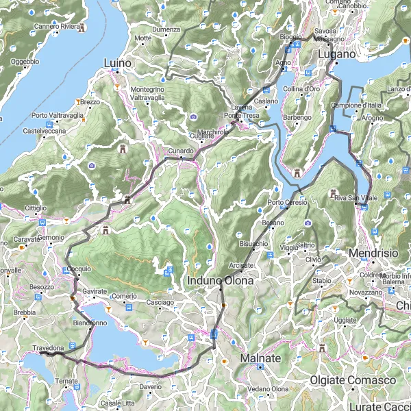 Miniatura della mappa di ispirazione al ciclismo "Tour ciclistico intorno al Lago di Varese e Monte San Salvatore" nella regione di Lombardia, Italy. Generata da Tarmacs.app, pianificatore di rotte ciclistiche