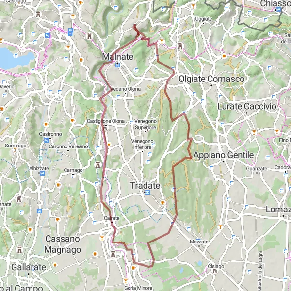 Miniatua del mapa de inspiración ciclista "Ruta de grava alrededor de Cagno" en Lombardia, Italy. Generado por Tarmacs.app planificador de rutas ciclistas