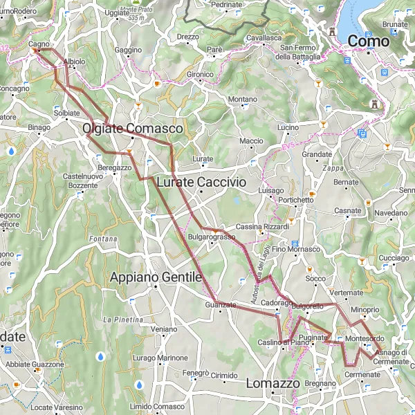 Map miniature of "Gravel Route starting near Cagno" cycling inspiration in Lombardia, Italy. Generated by Tarmacs.app cycling route planner