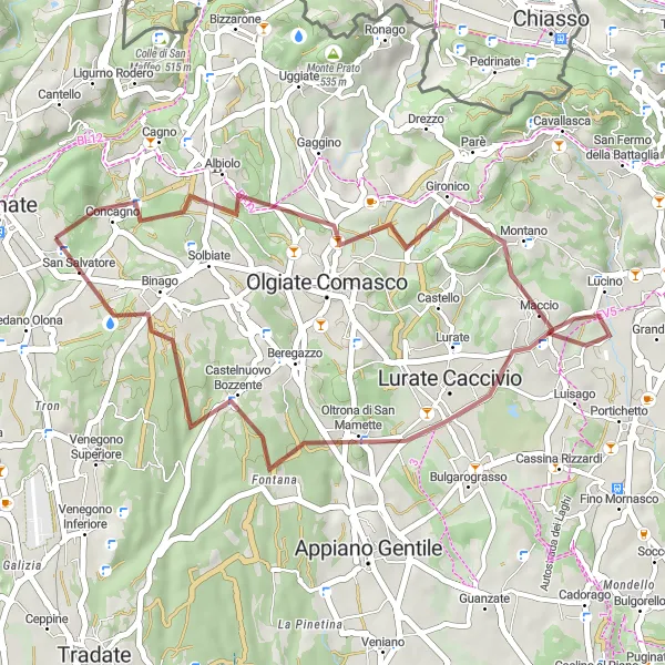 Kartminiatyr av "Grusvei eventyr gjennom Olgiate Comasco og Castelnuovo Bozzente" sykkelinspirasjon i Lombardia, Italy. Generert av Tarmacs.app sykkelrutoplanlegger