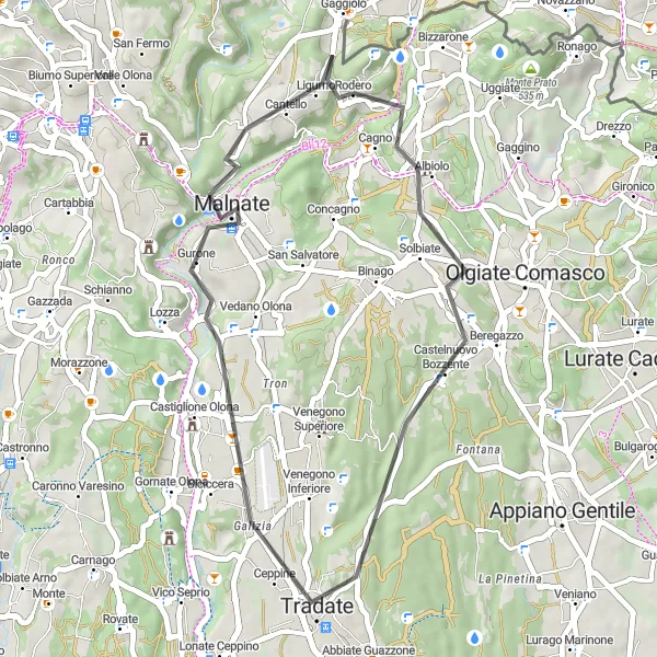 Zemljevid v pomanjšavi "Sproščujoča kolesarska pot v bližini Cagna" kolesarske inspiracije v Lombardia, Italy. Generirano z načrtovalcem kolesarskih poti Tarmacs.app