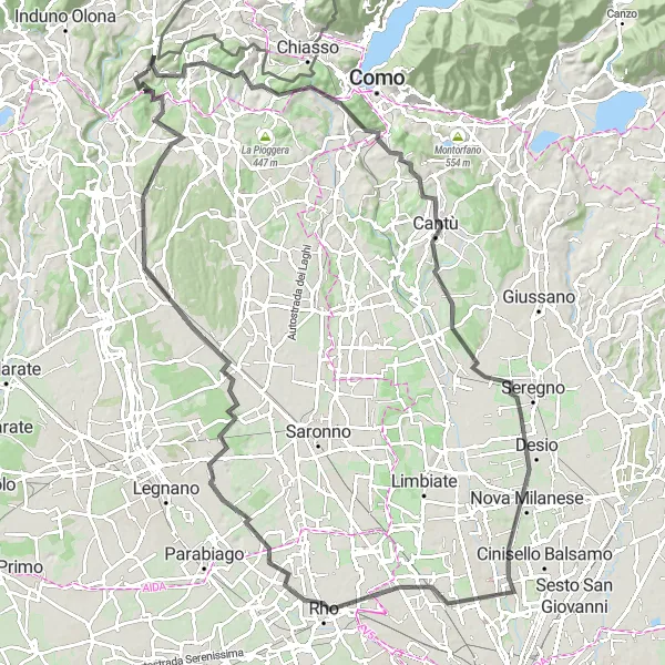 Zemljevid v pomanjšavi "Uživaška kolesarska avantura blizu Cagna" kolesarske inspiracije v Lombardia, Italy. Generirano z načrtovalcem kolesarskih poti Tarmacs.app
