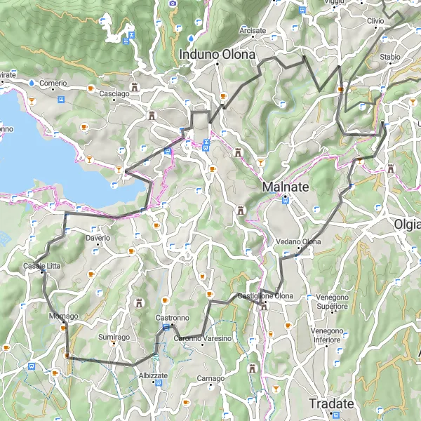 Miniatua del mapa de inspiración ciclista "Ruta por carretera a través de los pueblos cerca de Cagno" en Lombardia, Italy. Generado por Tarmacs.app planificador de rutas ciclistas