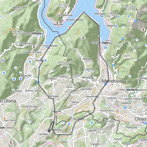 Karttaminiaatyyri "Vuoristoilmaa ja järvinäkymiä Cagno-kiertueella" pyöräilyinspiraatiosta alueella Lombardia, Italy. Luotu Tarmacs.app pyöräilyreittisuunnittelijalla