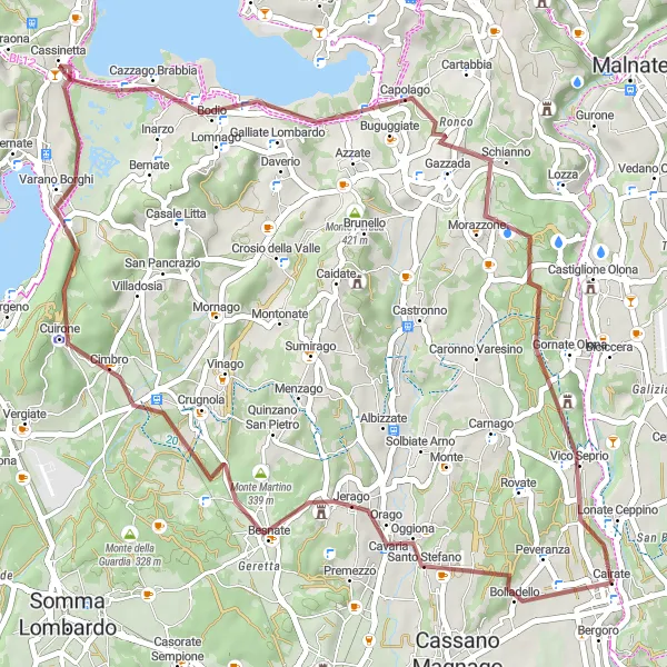 Miniatura della mappa di ispirazione al ciclismo "Tour Gravel tra Monte Martino e Lonate Ceppino" nella regione di Lombardia, Italy. Generata da Tarmacs.app, pianificatore di rotte ciclistiche