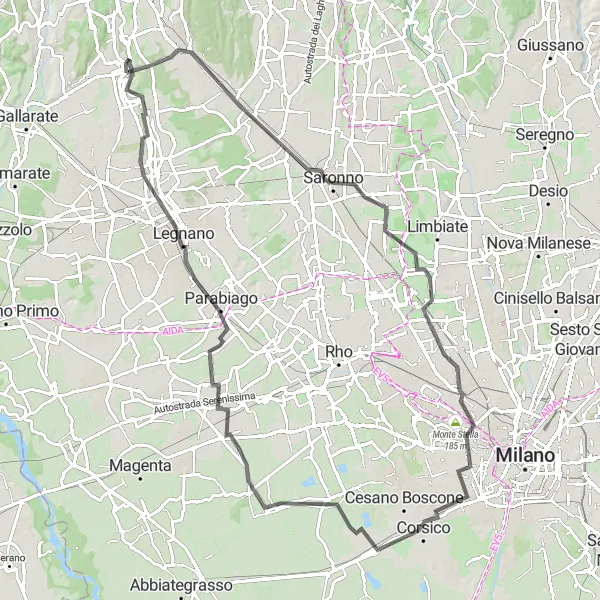 Zemljevid v pomanjšavi "Cairate - Road Route" kolesarske inspiracije v Lombardia, Italy. Generirano z načrtovalcem kolesarskih poti Tarmacs.app